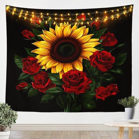 Manfei Yellow Sunflower Tapestry Red Roses Wall Hanging for Kids Girl Room Decor, Watercolor Floral Green Leaf Wall Blanket Tapestries, Small 51.2 x 59.1 Inches in Saudi Arabia