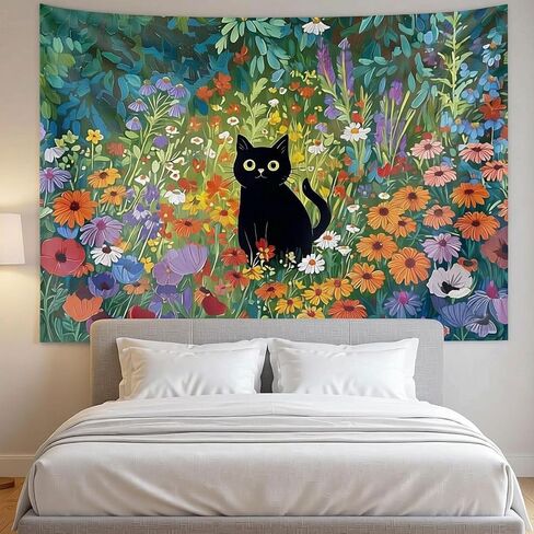 Raoycla Cute Cat Tapestry for Bedroom, Anime Black Cat Floral Tapestry Wall Hanging Colorful Wildflower Flowers Rustic Cottagecore Wall Art for Bedroom Living Room Dorm Home Decor (60" x 40") in Saudi Arabia