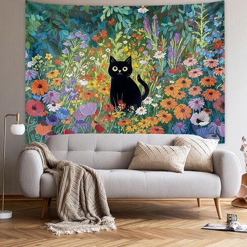 Raoycla Cute Cat Tapestry for Bedroom, Anime Black Cat Floral Tapestry Wall Hanging Colorful Wildflower Flowers Rustic Cottagecore Wall Art for Bedroom Living Room Dorm Home Decor (60" x 40") in Saudi Arabia