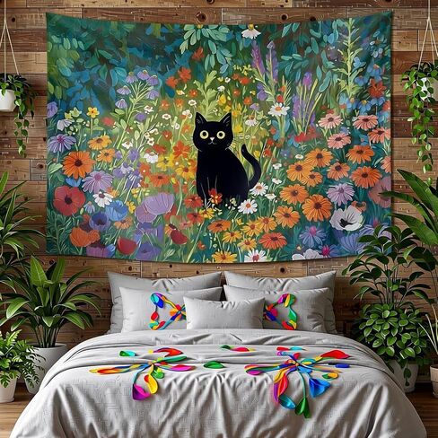 Raoycla Cute Cat Tapestry for Bedroom, Anime Black Cat Floral Tapestry Wall Hanging Colorful Wildflower Flowers Rustic Cottagecore Wall Art for Bedroom Living Room Dorm Home Decor (60" x 40") in Saudi Arabia
