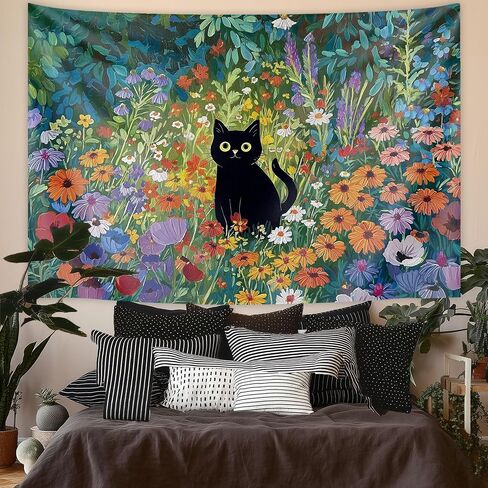 Raoycla Cute Cat Tapestry for Bedroom, Anime Black Cat Floral Tapestry Wall Hanging Colorful Wildflower Flowers Rustic Cottagecore Wall Art for Bedroom Living Room Dorm Home Decor (60" x 40") in Saudi Arabia