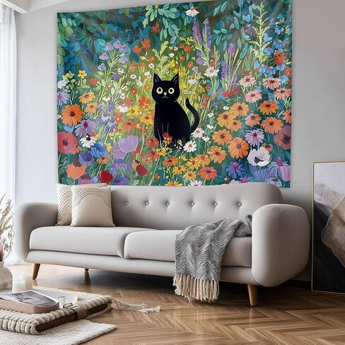 Raoycla Cute Cat Tapestry for Bedroom, Anime Black Cat Floral Tapestry Wall Hanging Colorful Wildflower Flowers Rustic Cottagecore Wall Art for Bedroom Living Room Dorm Home Decor (60" x 40") in Saudi Arabia