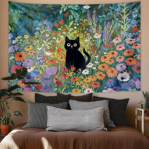 Raoycla Cute Cat Tapestry for Bedroom, Anime Black Cat Floral Tapestry Wall Hanging Colorful Wildflower Flowers Rustic Cottagecore Wall Art for Bedroom Living Room Dorm Home Decor (60" x 40") in Saudi Arabia