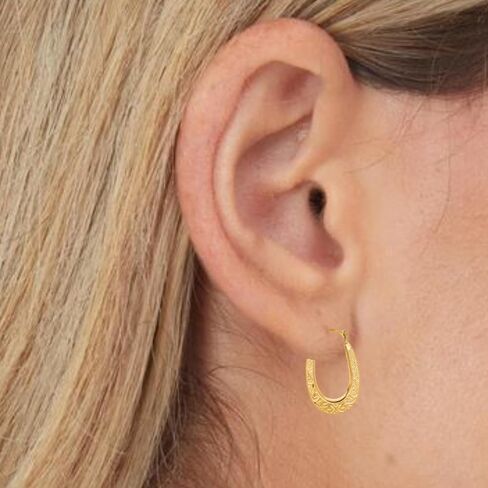 Floreo 10k Yellow Gold 16mm Oval Scroll Pattern Hoop Earrings in Saudi Arabia