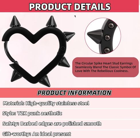 Huggie Hoop Black Spike Heart Earrings Emo Y2k Earring Goth Jewelry Earrings Grunge Earring Gothic Punk Grunge Cool Earrings Hypoallergenic Hoop Jewelry Gift for Women in Saudi Arabia