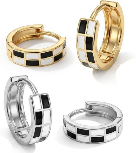 Checkered Earrings, 4 Pcs Small Checkered Earrings for Women, Tiny Round Circle Cartilage Huggie Hoop Earring Stainless Steel Set(Gold Silver) in Saudi Arabia