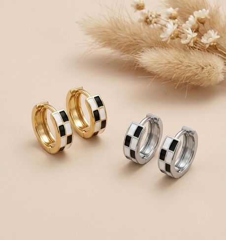 Checkered Earrings, 4 Pcs Small Checkered Earrings for Women, Tiny Round Circle Cartilage Huggie Hoop Earring Stainless Steel Set(Gold Silver) in Saudi Arabia