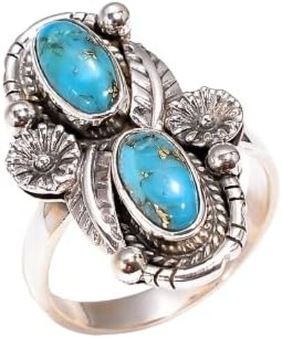 Blue Copper Turquoise Gemstone 925 Sterling Silver Handmade Unique Design Statement Two Stone Ring Jewelry Gift for Her in Kuwait