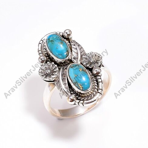 Blue Copper Turquoise Gemstone 925 Sterling Silver Handmade Unique Design Statement Two Stone Ring Jewelry Gift for Her in Kuwait