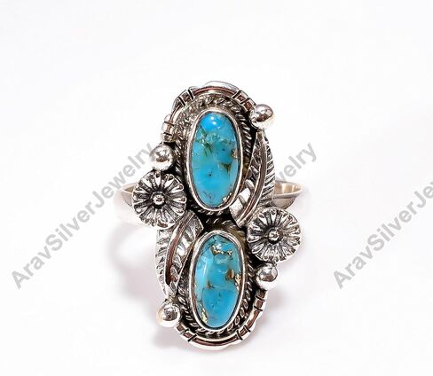 Blue Copper Turquoise Gemstone 925 Sterling Silver Handmade Unique Design Statement Two Stone Ring Jewelry Gift for Her in Kuwait