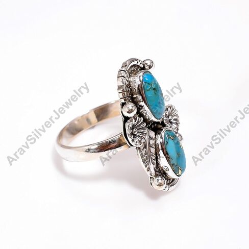Blue Copper Turquoise Gemstone 925 Sterling Silver Handmade Unique Design Statement Two Stone Ring Jewelry Gift for Her in Kuwait