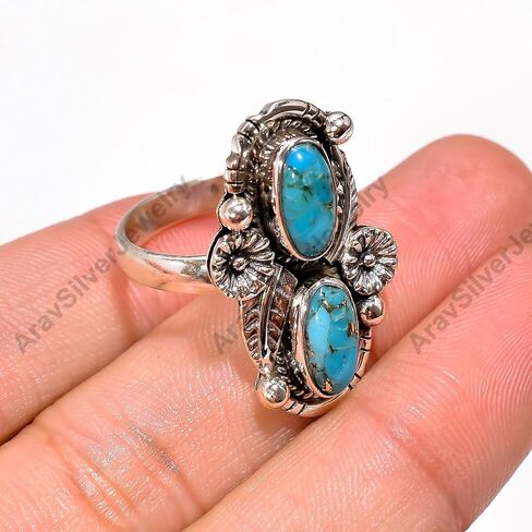 Blue Copper Turquoise Gemstone 925 Sterling Silver Handmade Unique Design Statement Two Stone Ring Jewelry Gift for Her in Kuwait