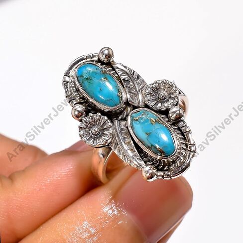 Blue Copper Turquoise Gemstone 925 Sterling Silver Handmade Unique Design Statement Two Stone Ring Jewelry Gift for Her in Kuwait