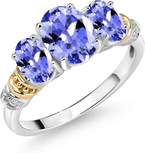 Gem Stone King 925 Sterling Silver and 10K Yellow Gold Oval Blue Tanzanite and White Diamond 3 Stone Ring For Women (2.09 Cttw, Gemstone December Birthstone) in Kuwait