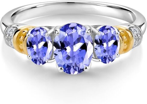 Gem Stone King 925 Sterling Silver and 10K Yellow Gold Oval Blue Tanzanite and White Diamond 3 Stone Ring For Women (2.09 Cttw, Gemstone December Birthstone) in Kuwait