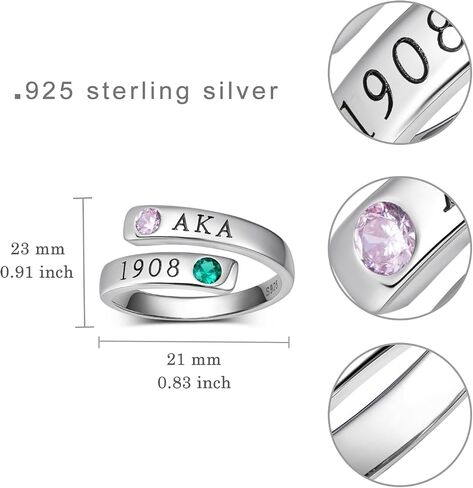 AKA Sorority Ring for Women - 925 Sterling Silver with Pink & Green Zirconia, 1908 Engraved Gift for Big Little, Initiation, Founders Day in Saudi Arabia