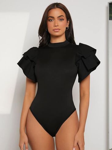 LIHANA Womens Bodysuit Short Sleeve Mock Neck Exaggerated Ruffle Trim Bodysuit Bodysuit Jumpsuit in Kuwait