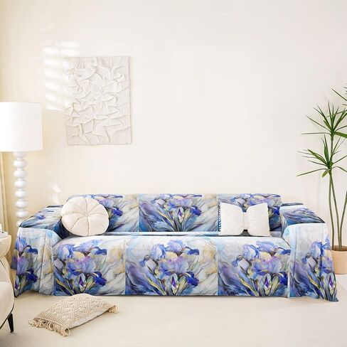 Erosebridal Blue Purple Floral Couch Cover Elegant Abstract Marble Sofa Cover Spring Iris Flowers Art Couch Protector Marbling Aesthetic Botanical Sofa Slipcover,91" x 150",Blue Purple in Kuwait
