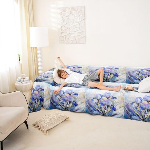 Erosebridal Blue Purple Floral Couch Cover Elegant Abstract Marble Sofa Cover Spring Iris Flowers Art Couch Protector Marbling Aesthetic Botanical Sofa Slipcover,91" x 150",Blue Purple in Kuwait