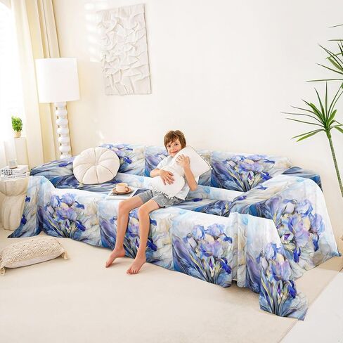 Erosebridal Blue Purple Floral Couch Cover Elegant Abstract Marble Sofa Cover Spring Iris Flowers Art Couch Protector Marbling Aesthetic Botanical Sofa Slipcover,91" x 150",Blue Purple in Kuwait