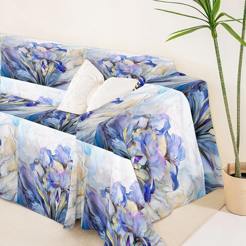 Erosebridal Blue Purple Floral Couch Cover Elegant Abstract Marble Sofa Cover Spring Iris Flowers Art Couch Protector Marbling Aesthetic Botanical Sofa Slipcover,91" x 150",Blue Purple in Kuwait