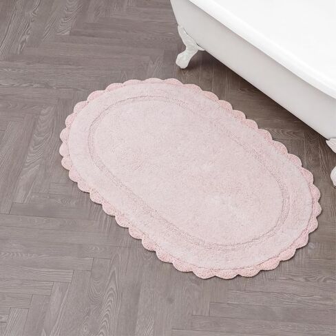 Laura Ashley Eloise 100% Cotton Oval Bath Mat with Crochet Border, Soft & Absorbent, Light Pink 21" x 34" Bathroom Rug in Saudi Arabia
