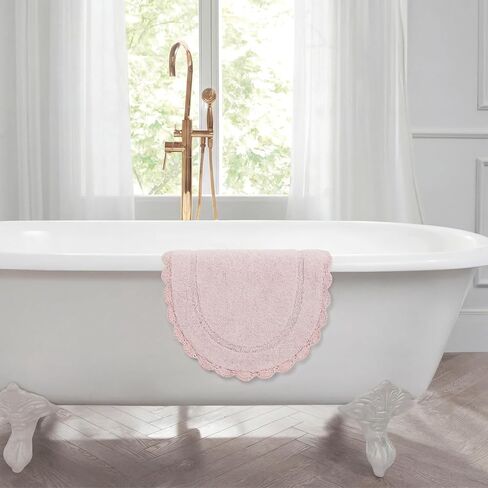 Laura Ashley Eloise 100% Cotton Oval Bath Mat with Crochet Border, Soft & Absorbent, Light Pink 21" x 34" Bathroom Rug in Saudi Arabia