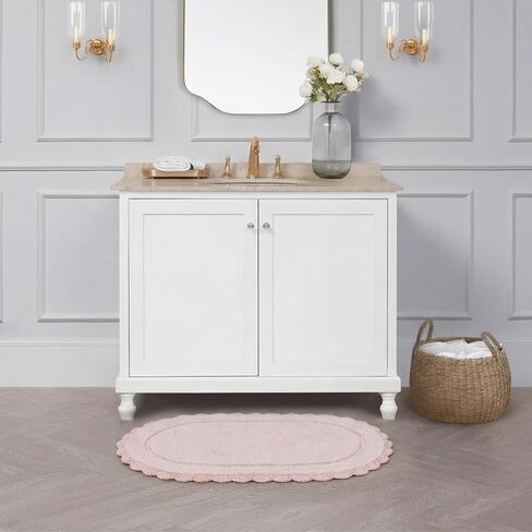 Laura Ashley Eloise 100% Cotton Oval Bath Mat with Crochet Border, Soft & Absorbent, Light Pink 21" x 34" Bathroom Rug in Saudi Arabia