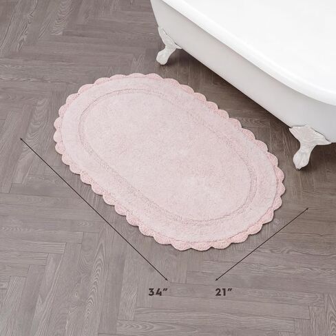 Laura Ashley Eloise 100% Cotton Oval Bath Mat with Crochet Border, Soft & Absorbent, Light Pink 21" x 34" Bathroom Rug in Saudi Arabia