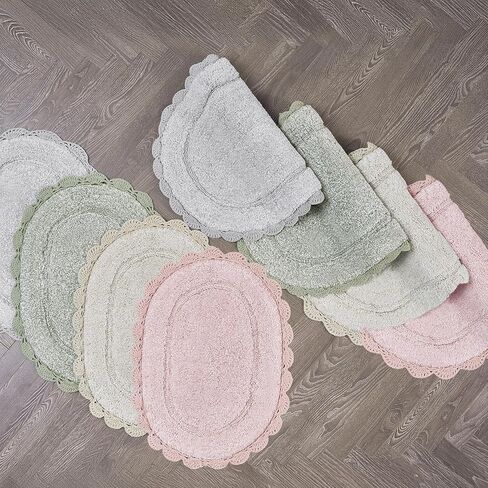 Laura Ashley Eloise 100% Cotton Oval Bath Mat with Crochet Border, Soft & Absorbent, Light Pink 21" x 34" Bathroom Rug in Saudi Arabia