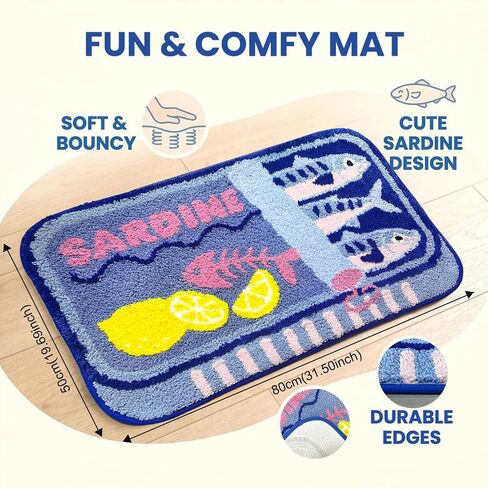 Mocsicka Sardine Bath Mat – Cute Funny Non-Slip Waterproof Blue Fish Rug, Cartoon Lemon Sardine Can Bathroom Decor, Washable (Blue, 20x32inch) in Saudi Arabia