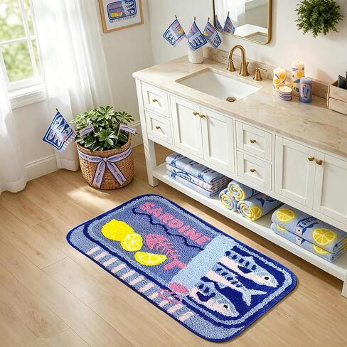 Mocsicka Sardine Bath Mat – Cute Funny Non-Slip Waterproof Blue Fish Rug, Cartoon Lemon Sardine Can Bathroom Decor, Washable (Blue, 20x32inch) in Saudi Arabia