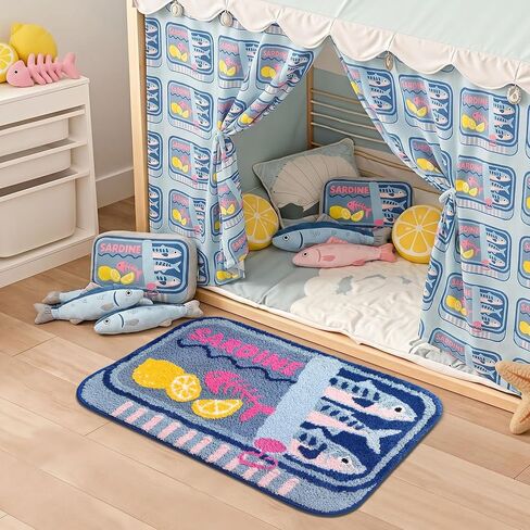 Mocsicka Sardine Bath Mat – Cute Funny Non-Slip Waterproof Blue Fish Rug, Cartoon Lemon Sardine Can Bathroom Decor, Washable (Blue, 20x32inch) in Saudi Arabia