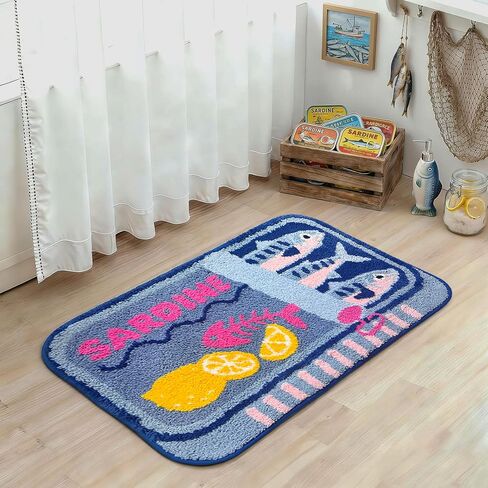 Mocsicka Sardine Bath Mat – Cute Funny Non-Slip Waterproof Blue Fish Rug, Cartoon Lemon Sardine Can Bathroom Decor, Washable (Blue, 20x32inch) in Saudi Arabia