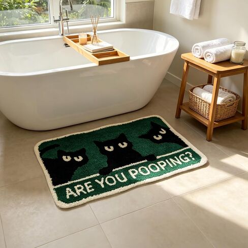 Cute Cat Bath Mat, Non Slip Funny Rug, Soft Absorbent Kitchen Carpet Machine Washable, Animal Patterns Green Rug for Shower Sink Bathtub Room Decor, 32 x 20 Inch in Saudi Arabia