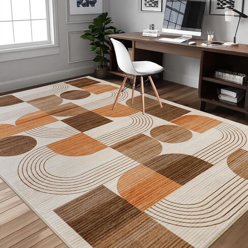 Large Machine Washable 6x9 Area Rug, Soft Modern Geometric Abstract Orange Rugs for Bedroom Living Room, Non-Shedding Faux Wool Indoor Throw Floor Carpet for Office Entryway Dining Room Decor in Saudi Arabia