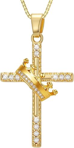 18K Yellow Gold Cross Crown Necklace Religous Crown Cross Necklace Christian Jewelry Gifts for Women Mom Her in Saudi Arabia