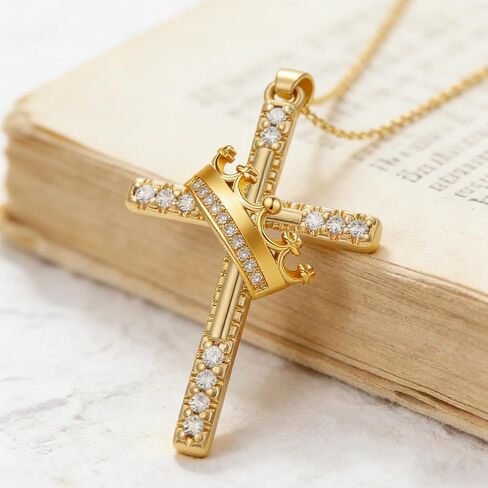 18K Yellow Gold Cross Crown Necklace Religous Crown Cross Necklace Christian Jewelry Gifts for Women Mom Her in Saudi Arabia