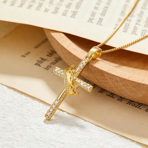 18K Yellow Gold Cross Crown Necklace Religous Crown Cross Necklace Christian Jewelry Gifts for Women Mom Her in Saudi Arabia
