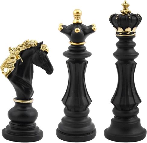 EMVANV 3pcs Small Chess Statue Decor Set, Resin Figurine Chess Piece King + Queen + Knight Set for Office, Home, Study (Black) in Saudi Arabia