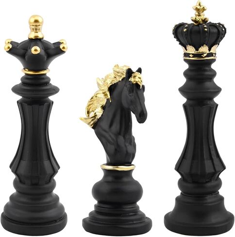 EMVANV 3pcs Small Chess Statue Decor Set, Resin Figurine Chess Piece King + Queen + Knight Set for Office, Home, Study (Black) in Saudi Arabia