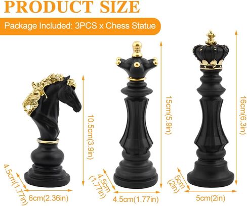 EMVANV 3pcs Small Chess Statue Decor Set, Resin Figurine Chess Piece King + Queen + Knight Set for Office, Home, Study (Black) in Saudi Arabia