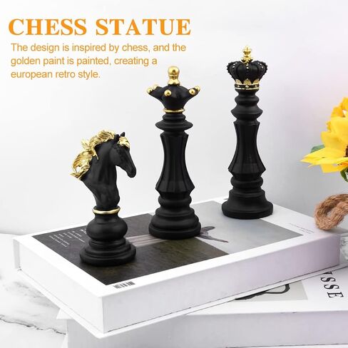 EMVANV 3pcs Small Chess Statue Decor Set, Resin Figurine Chess Piece King + Queen + Knight Set for Office, Home, Study (Black) in Saudi Arabia