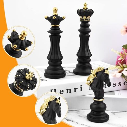 EMVANV 3pcs Small Chess Statue Decor Set, Resin Figurine Chess Piece King + Queen + Knight Set for Office, Home, Study (Black) in Saudi Arabia