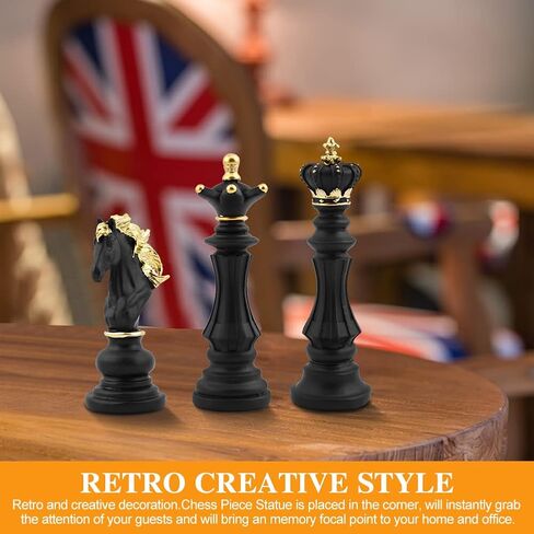 EMVANV 3pcs Small Chess Statue Decor Set, Resin Figurine Chess Piece King + Queen + Knight Set for Office, Home, Study (Black) in Saudi Arabia