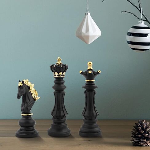 EMVANV 3pcs Small Chess Statue Decor Set, Resin Figurine Chess Piece King + Queen + Knight Set for Office, Home, Study (Black) in Saudi Arabia