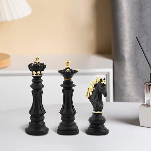 EMVANV 3pcs Small Chess Statue Decor Set, Resin Figurine Chess Piece King + Queen + Knight Set for Office, Home, Study (Black) in Saudi Arabia