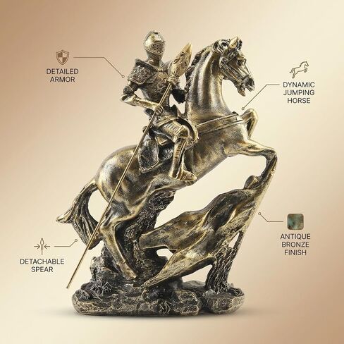 Knight Statue -11.4" Gold Knight Figurine, Medieval Templar with Spear on Charging Horse, Mens Home, Office, Living Room Decor Sculpture in Saudi Arabia