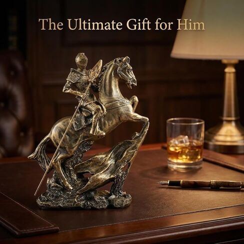 Knight Statue -11.4" Gold Knight Figurine, Medieval Templar with Spear on Charging Horse, Mens Home, Office, Living Room Decor Sculpture in Saudi Arabia