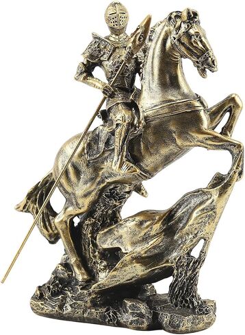 Knight Statue -11.4" Gold Knight Figurine, Medieval Templar with Spear on Charging Horse, Mens Home, Office, Living Room Decor Sculpture in Saudi Arabia